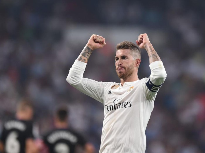 MADRID, SPAIN - SEPTEMBER 01:  Sergio Ramos of Real Madrid celebrates after scoring his team's 4th goal from the penalty spot during the La Liga match between Real Madrid CF and CD Leganes at Estadio Santiago Bernabeu on September 1, 2018 in Madrid, Spain. (Photo by Denis Doyle/Getty Images)
