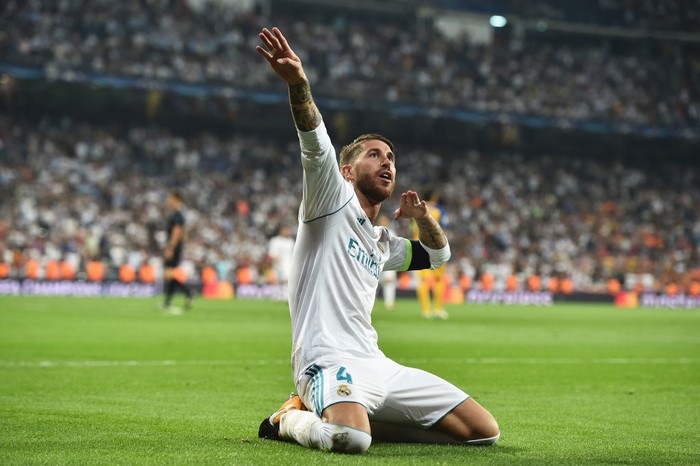 MADRID, SPAIN - SEPTEMBER 13:  Sergio Ramos of Real Madrid celebrates scoring his sides third goal during the UEFA Champions League group H match between Real Madrid and APOEL Nikosia at Estadio Santiago Bernabeu on September 13, 2017 in Madrid, Spain.  (Photo by Denis Doyle/Getty Images)