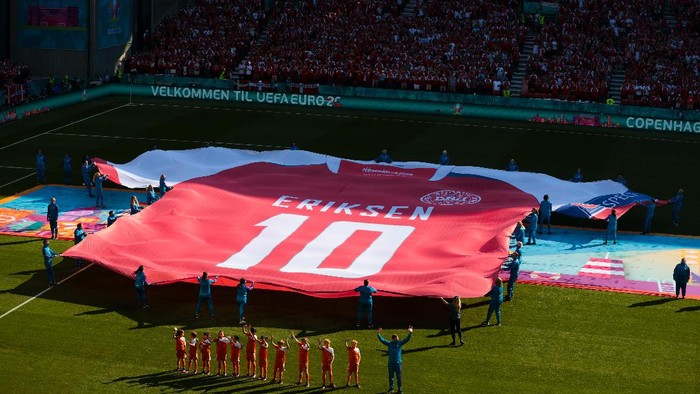 COPENHAGEN, DENMARK - JUNE 17: A large replica Denmark shirt with Christian Eriksen, Number Ten is displayed on the pitch prior to the UEFA Euro 2020 Championship Group B match between Denmark and Belgium at Parken Stadium on June 17, 2021 in Copenhagen, Denmark. (Photo by Hanna McKay - Pool/Getty Images)