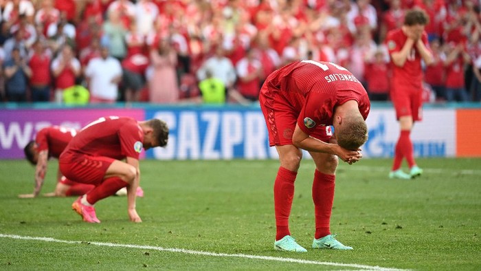 COPENHAGEN, DENMARK - JUNE 17: Andreas Cornelius of Denmark looks dejected following defeat in the UEFA Euro 2020 Championship Group B match between Denmark and Belgium at Parken Stadium on June 17, 2021 in Copenhagen, Denmark. (Photo by Jonathan Nackstrand - Pool/Getty Images)