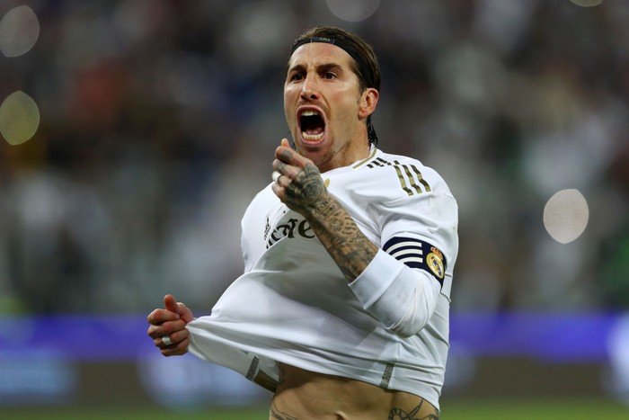 JEDDAH, SAUDI ARABIA - JANUARY 12: Sergio Ramos of Real Madrid celebrates after scoring from the penalty spot for his teams victory in the Supercopa de Espana Final match between Real Madrid and Club Atletico de Madrid at King Abdullah Sports City on January 12, 2020 in Jeddah, Saudi Arabia. (Photo by Francois Nel/Getty Images)