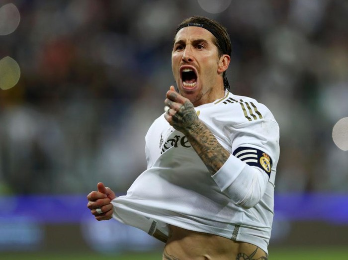JEDDAH, SAUDI ARABIA - JANUARY 12: Sergio Ramos of Real Madrid celebrates after scoring from the penalty spot for his teams victory in the Supercopa de Espana Final match between Real Madrid and Club Atletico de Madrid at King Abdullah Sports City on January 12, 2020 in Jeddah, Saudi Arabia. (Photo by Francois Nel/Getty Images)