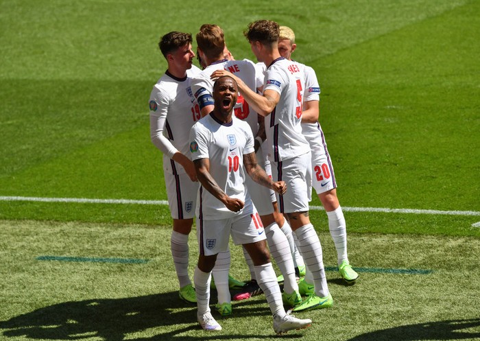 LONDON, ENGLAND - JUNE 13: Raheem Sterling of England celebrates after scoring their sides first goal during the UEFA Euro 2020 Championship Group D match between England and Croatia at Wembley Stadium on June 13, 2021 in London, England. (Photo by Justin Tallis - Pool/Getty Images )