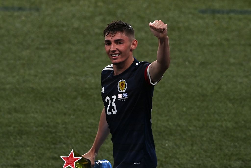Scotland's Billy Gilmour, left, and England's Phil Foden vie for the ball during the Euro 2020 soccer championship group D match between England and Scotland at Wembley stadium in London, Friday, June 18, 2021. (Carl Recine/Pool Photo via AP)