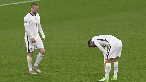 Inggris vs Skotlandia England's Luke Shaw reacts after the Euro 2020 soccer championship group D match between England and Scotland, at Wembley stadium, in London, Friday, June 18, 2021. The match ended 0-0. (Facundo Arrizabalaga/Pool via AP)