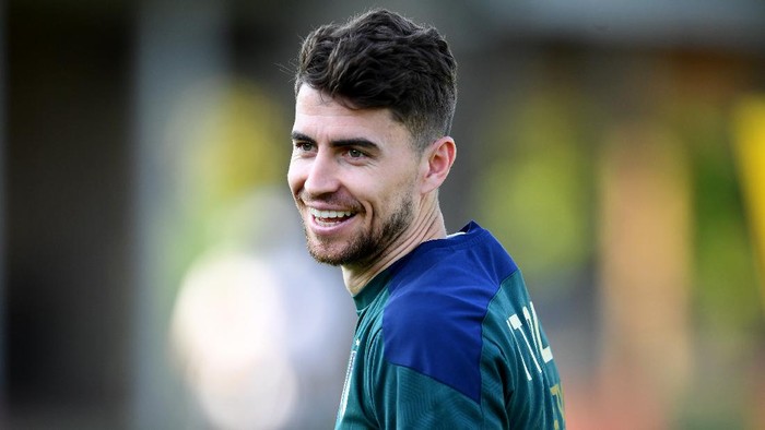 FLORENCE, ITALY - JUNE 13: Jorginho of Italy in action during an Italy training session at Centro Tecnico Federale di Coverciano on June 13, 2021 in Florence, Italy. (Photo by Claudio Villa/Getty Images)