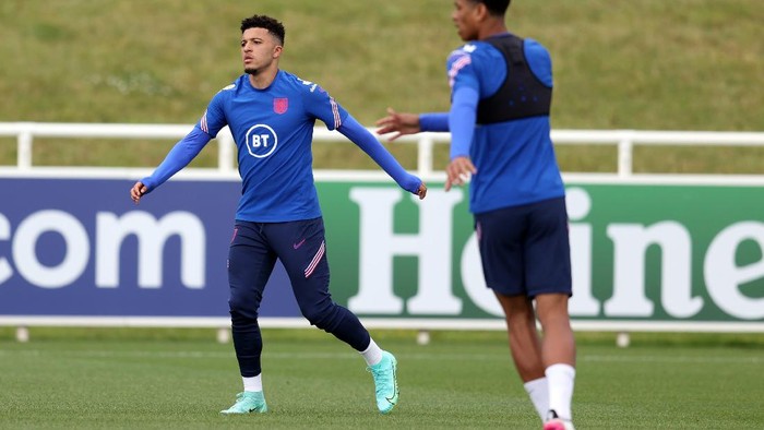 BURTON UPON TRENT, ENGLAND - JUNE 14: Jadon Sancho of England during an England training session at St Georges Park on June 14, 2021 in Burton upon Trent, England. (Photo by Catherine Ivill/Getty Images)