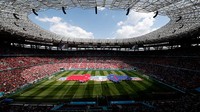 Pendukung dari dua negara tersebut tampak memadati stadion untuk melihat langsung pertandingan antara Hungaria vs Prancis dalam gelaran Euro 2020. Getty Images/Laszlo Balogh - Pool.