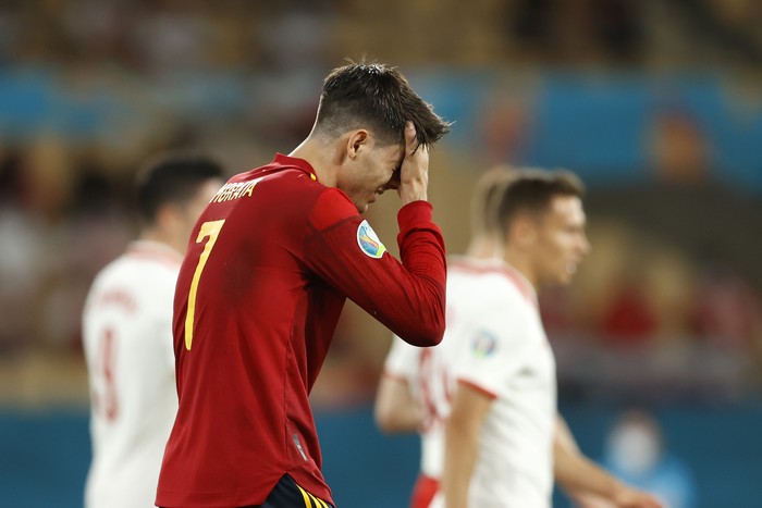 SEVILLE, SPAIN - JUNE 19: Alvaro Morata of Spain looks dejected during the UEFA Euro 2020 Championship Group E match between Spain and Poland at Estadio La Cartuja on June 19, 2021 in Seville, Spain. (Photo by Marcelo Del Pozo - Pool/Getty Images)