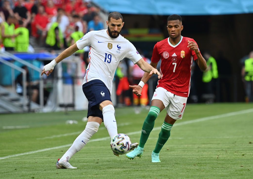 BUDAPEST, HUNGARY - JUNE 18: Antoine Griezmann and Karim Benzema of France stretch during the France Training Session ahead of the UEFA Euro 2020 Championship Group F match between Hungary and France at Puskas Arena on June 18, 2021 in Budapest, Hungary. (Photo by Laszlo Balogh - Pool/Getty Images)