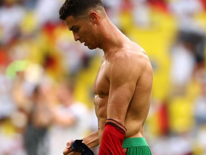 MUNICH, GERMANY - JUNE 19: Cristiano Ronaldo of Portugal looks dejected following defeat in the UEFA Euro 2020 Championship Group F match between Portugal and Germany at Football Arena Munich on June 19, 2021 in Munich, Germany. (Photo by Alexander Hassenstein/Getty Images)