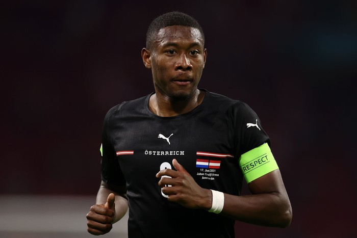 AMSTERDAM, NETHERLANDS - JUNE 17: David Alaba of Austria looks on during the UEFA Euro 2020 Championship Group C match between the Netherlands and Austria at Johan Cruijff Arena on June 17, 2021 in Amsterdam, Netherlands. (Photo by Dean Mouhtaropoulos/Getty Images)