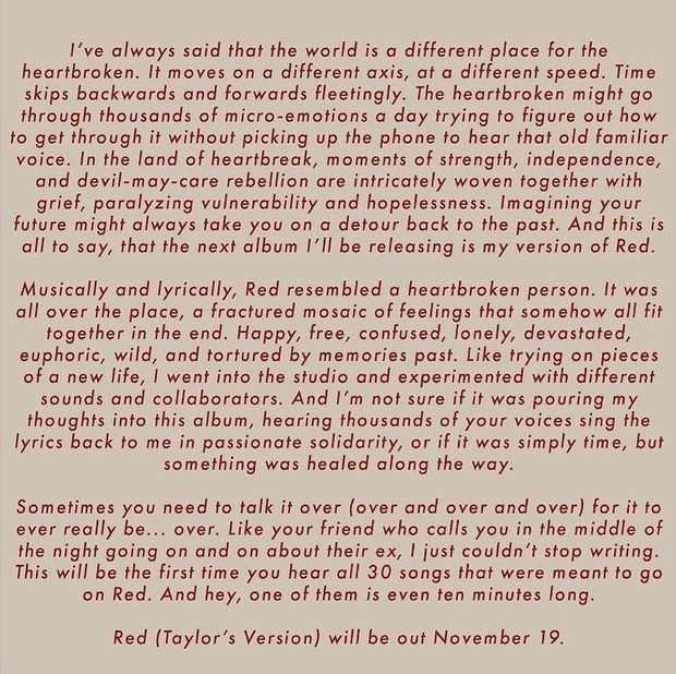 Ungkapan Taylor Swift tentang album Red dan pengumuman rilis Red (Taylor's Version).