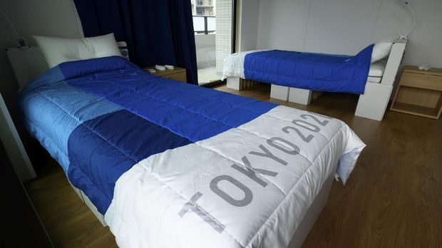 Recyclable cardboard beds and mattresses for athletes are pictured during a media tour at the Olympic and Paralympic Village for the Tokyo 2020 Games, in Tokyo, Japan June 20, 2021. Akio Kon/Pool via REUTERS