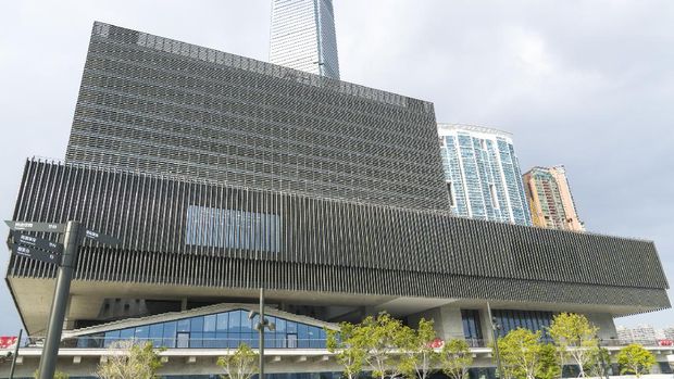 Hong Kong - February 2021: M Plus Museum Located in West Kowloon Cultural District, Low Angle View. A museum of modern and contemporary visual culture.