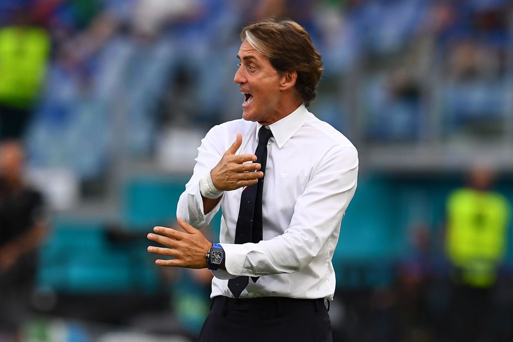 ROME, ITALY - JUNE 20: Roberto Mancini, Head Coach of Italy reacts during the UEFA Euro 2020 Championship Group A match between Italy and Wales at Olimpico Stadium on June 20, 2021 in Rome, Italy. (Photo by Claudio Villa/Getty Images)