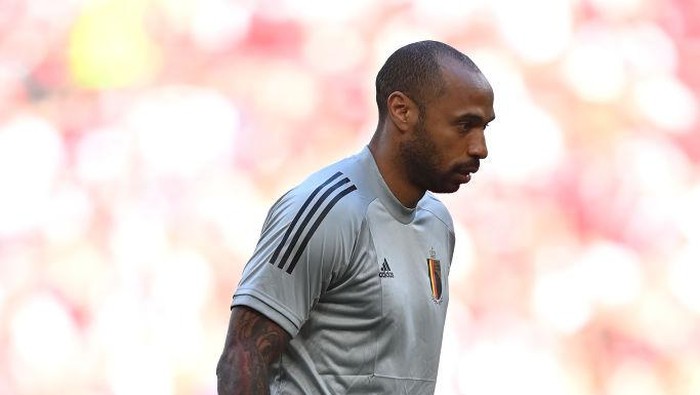 COPENHAGEN, DENMARK - JUNE 17: Thierry Henry, Assistant Coach of Belgium in action during the UEFA Euro 2020 Championship Group B match between Denmark and Belgium at Parken Stadium on June 17, 2021 in Copenhagen, Denmark. (Photo by Stuart Franklin/Getty Images)