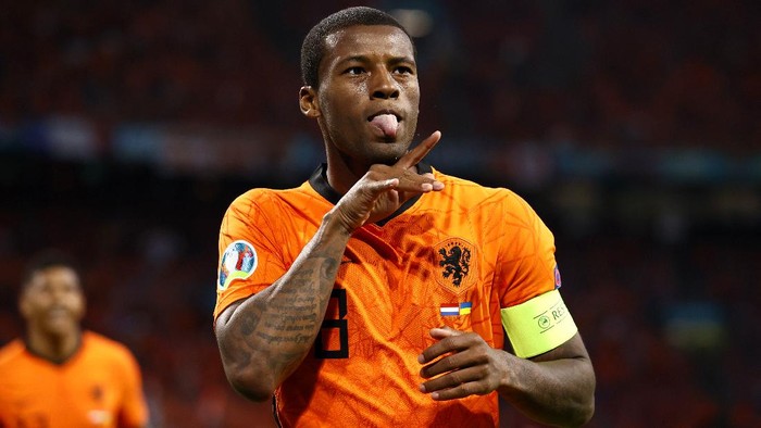 AMSTERDAM, NETHERLANDS - JUNE 13: Georginio Wijnaldum of Netherlands celebrates after scoring their sides first goal during the UEFA Euro 2020 Championship Group C match between Netherlands and Ukraine at the Johan Cruijff ArenA on June 13, 2021 in Amsterdam, Netherlands. (Photo by Koen van Weel - Pool/Getty Images)