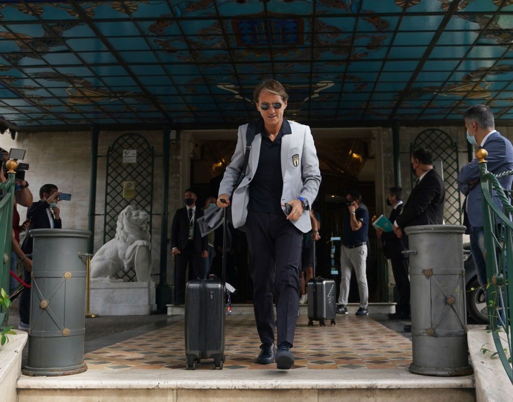 ROME, ITALY - JUNE 11: Roberto Mancini, Head Coach of Italy looks on during the warm up prior to the UEFA Euro 2020 Championship Group A match between Turkey and Italy at the Stadio Olimpico on June 11, 2021 in Rome, Italy. (Photo by Alberto Lingria - Pool/Getty Images)
