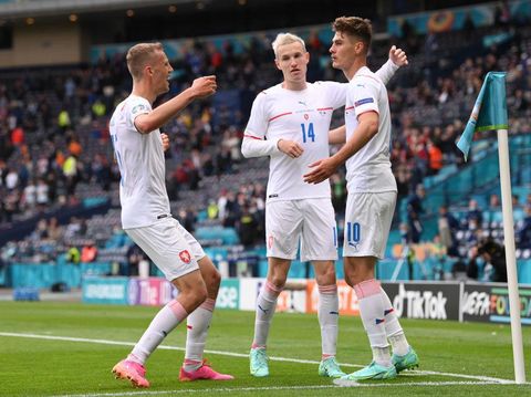 GLASGOW, SCOTLAND - JUNE 14: Patrik Schick of Czech Republic celebrates with Tomas Soucek and Jakub Jankto after scoring their side's first goal during the UEFA Euro 2020 Championship Group D match between Scotland v Czech Republic at Hampden Park on June 14, 2021 in Glasgow, Scotland. (Photo by Stu Forster/Getty Images)