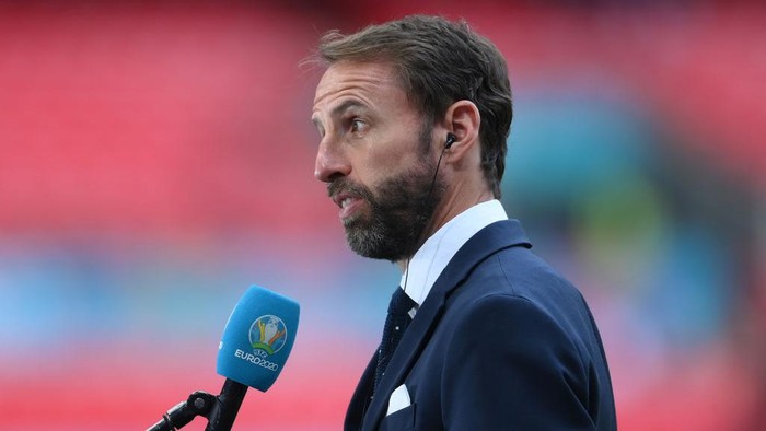 LONDON, ENGLAND - JUNE 22: Gareth Southgate, Head Coach of England speaks to the media prior to the UEFA Euro 2020 Championship Group D match between Czech Republic and England at Wembley Stadium on June 22, 2021 in London, England. (Photo by Laurence Griffiths/Getty Images)