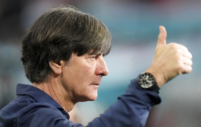 Germanys manager Joachim Loew reacts during an interview ahead of the Euro 2020 soccer championship group F match between Germany and Hungary at the Allianz Arena in Munich, Germany,Wednesday, June 23, 2021. (AP Photo/Matthias Schrader, Pool)