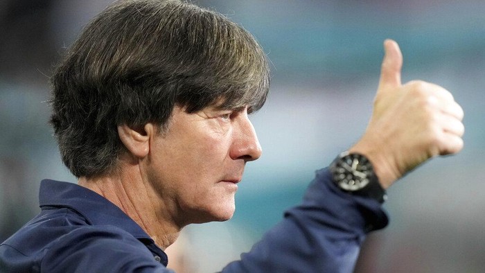 Germanys manager Joachim Loew reacts during an interview ahead of the Euro 2020 soccer championship group F match between Germany and Hungary at the Allianz Arena in Munich, Germany,Wednesday, June 23, 2021. (AP Photo/Matthias Schrader, Pool)