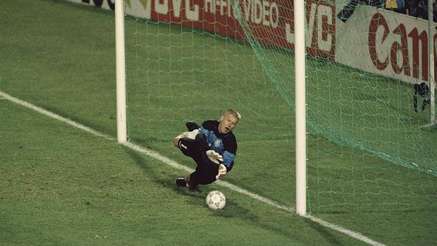 GOTHENBURG, SWEDEN - JUNE 22:  Peter Schmeichel of Denmark saves the penalty kick in the shoot-out to send Denmark into the final during the UEFA European Championships 1992 Semi-Final between Netherlands and Denmark held at the Ullevi Stadium on June 22, 1992 in Gothenburg, Sweden. (Photo by Simon Bruty/Allsport/Getty Images)