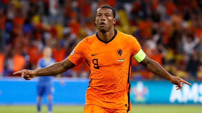 AMSTERDAM, NETHERLANDS - JUNE 13: Georginio Wijnaldum of Netherlands celebrates after scoring their sides first goal during the UEFA Euro 2020 Championship Group C match between Netherlands and Ukraine at the Johan Cruijff ArenA on June 13, 2021 in Amsterdam, Netherlands. (Photo by Koen van Weel - Pool/Getty Images)