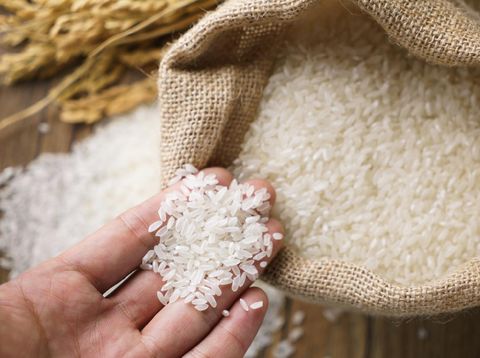 Picking uncooked rice in a small burlap sack