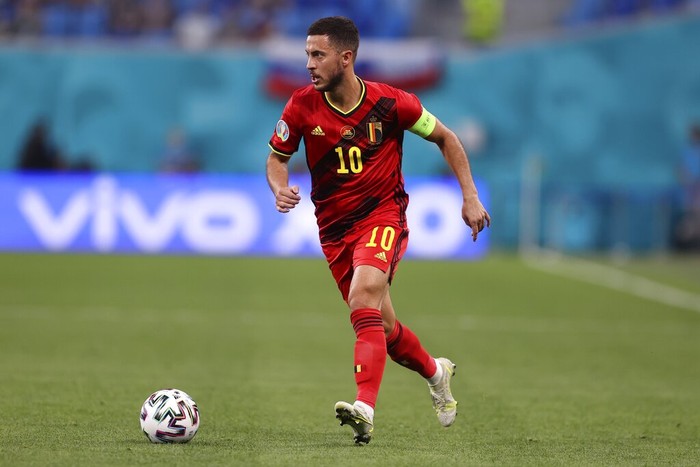 Belgium's Eden Hazard controls the ball during the Euro 2020 soccer championship group B match between Finland and Belgium at Saint Petersburg stadium, in St. Petersburg, Russia, Monday, June 21, 2021. (Lars Baron/Pool via AP)
