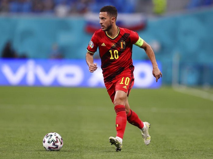 Belgium's Eden Hazard controls the ball during the Euro 2020 soccer championship group B match between Finland and Belgium at Saint Petersburg stadium, in St. Petersburg, Russia, Monday, June 21, 2021. (Lars Baron/Pool via AP)