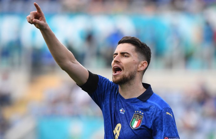 ROME, ITALY - JUNE 20: Jorginho of Italy gestures during the UEFA Euro 2020 Championship Group A match between Italy and Wales at Olimpico Stadium on June 20, 2021 in Rome, Italy. (Photo by Alberto Lingria - Pool/Getty Images)