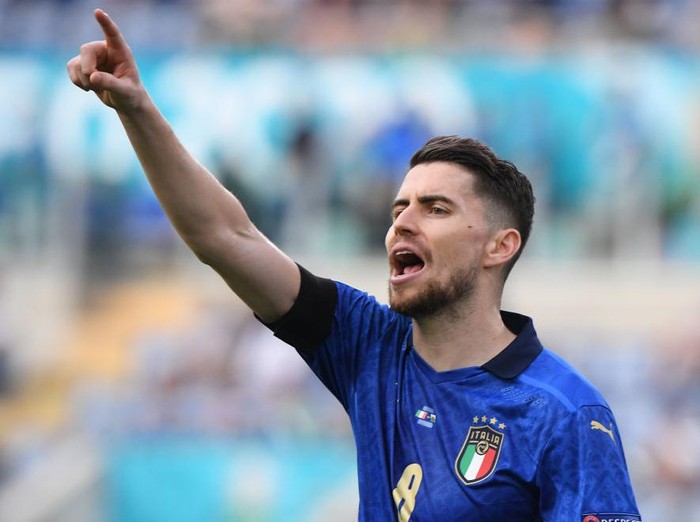 ROME, ITALY - JUNE 20: Jorginho of Italy gestures during the UEFA Euro 2020 Championship Group A match between Italy and Wales at Olimpico Stadium on June 20, 2021 in Rome, Italy. (Photo by Alberto Lingria - Pool/Getty Images)