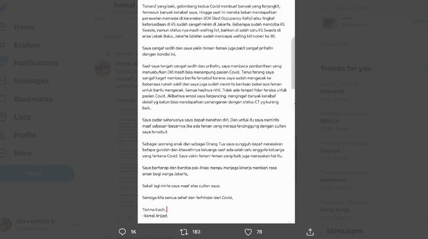 Kemal Arsjad, Komisaris Independen PT Asuransi Kredit Indonesia (Askrindo) mengunggah cuitan permintaan maaf usai salah satu cuitannya mendapat reaksi negatif.