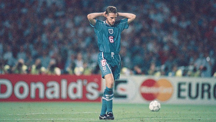 LONDON, UNITED KINGDOM - JUNE 26:  England player Gareth Southgate reacts after missing his penalty during the penalty shoot out, during the European Championship Finals semi final match between England and Germany at Wembley, on June 26, 1996 in London, England. Germany won the match on penalties.  (Photo by Stu Forster/Allsport/Getty Images)