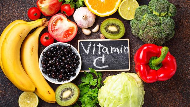ilustrasi vitamin c Food containing vitamin C. Healthy eating. Top view