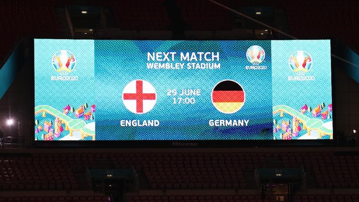 LONDON, ENGLAND - JUNE 26: A detailed view of the LED screen displaying the next match to be held at Wembley is England vs Germany during the UEFA Euro 2020 Championship Round of 16 match between Italy and Austria at Wembley Stadium at Wembley Stadium on June 26, 2021 in London, England. (Photo by Catherine Ivill/Getty Images)