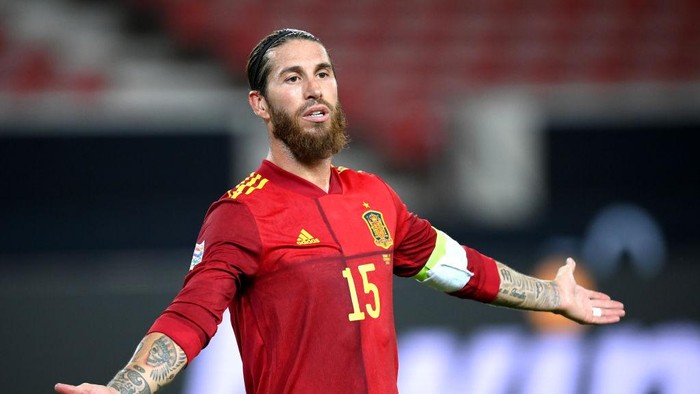 STUTTGART, GERMANY - SEPTEMBER 03: Sergio Ramos of Spain reacts during the UEFA Nations League group stage match between Germany and Spain at Mercedes-Benz Arena on September 03, 2020 in Stuttgart, Germany. (Photo by Matthias Hangst/Getty Images)