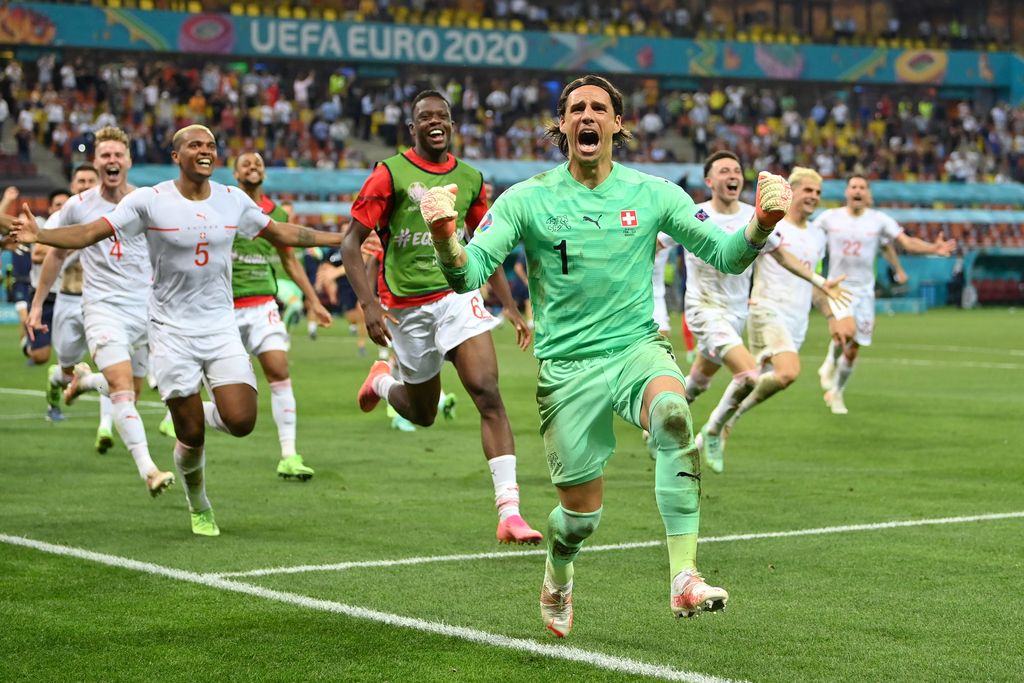 BUCHAREST, ROMANIA - JUNE 28:  Yann Sommer of Switzerland celebrates after saving the decisive penalty taken by Kylian Mbappe of France (Not pictured) during the UEFA Euro 2020 Championship Round of 16 match between France and Switzerland at National Arena on June 28, 2021 in Bucharest, Romania. (Photo by Justin Setterfield/Getty Images)