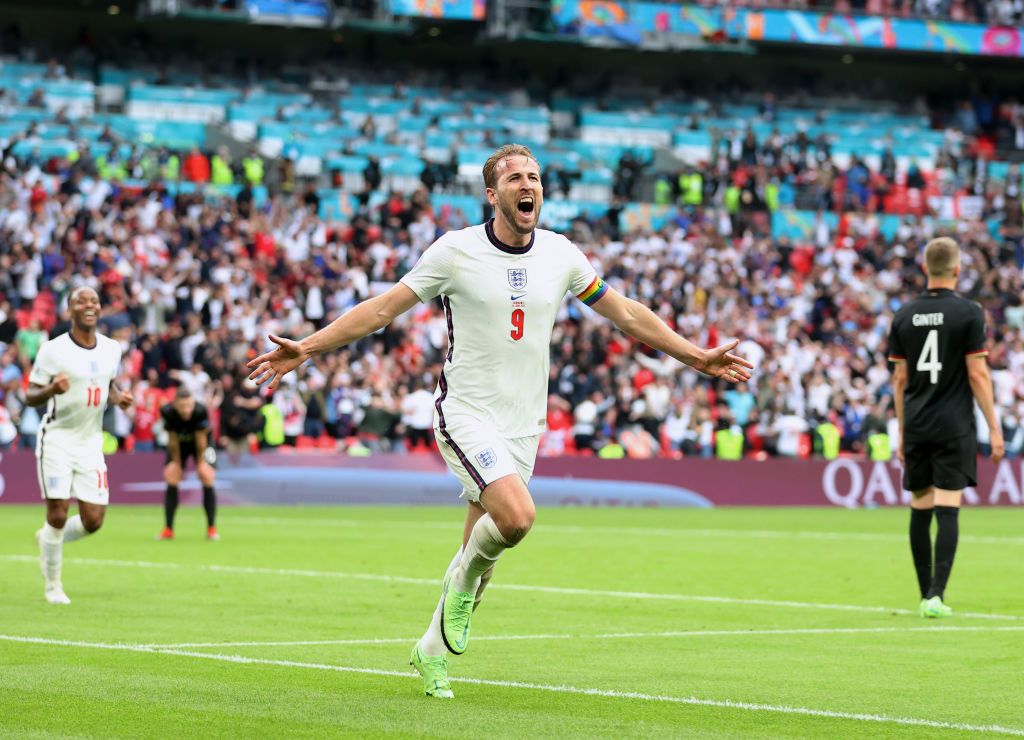 LONDON, ENGLAND - JUNE 29: Harry Kane of England celebrates after scoring their side's second goal during the UEFA Euro 2020 Championship Round of 16 match between England and Germany at Wembley Stadium on June 29, 2021 in London, England. (Photo by Catherine Ivill/Getty Images)