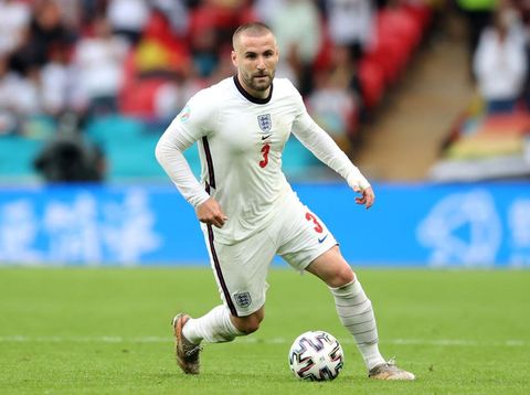 LONDON, ENGLAND - JUNE 29: Luke Shaw of England runs with the ball during the UEFA Euro 2020 Championship Round of 16 match between England and Germany at Wembley Stadium on June 29, 2021 in London, England. (Photo by Catherine Ivill/Getty Images)