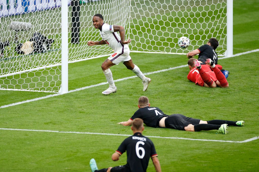 LONDON, ENGLAND - JUNE 29: Raheem Sterling of England on the ball during the UEFA Euro 2020 Championship Round of 16 match between England and Germany at Wembley Stadium on June 29, 2021 in London, England. (Photo by Carl Recine - Pool/Getty Images)