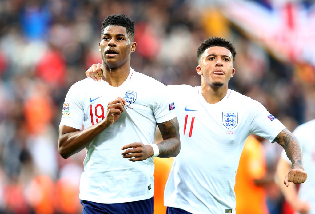 GUIMARAES, PORTUGAL - JUNE 06:  Marcus Rashford of England celebrates as he scores his team's first goal from a penalty with Jadon Sancho during the UEFA Nations League Semi-Final match between the Netherlands and England at Estadio D. Afonso Henriques on June 06, 2019 in Guimaraes, Portugal. (Photo by Dean Mouhtaropoulos/Getty Images)
