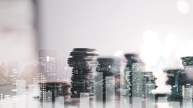 Double exposure of city view. diagram graph and rows of money coins for finance , money , investment and business concept background