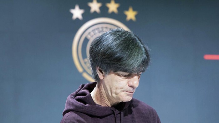 After the German teams elimination against England German coach Joachim Loew takes part in an online press conference in Herzogenaurach, Germany, Wednesday, June 30, 2021. (Federico Gambarini/dpa via AP)