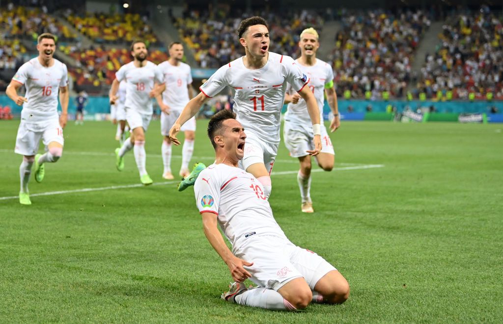 BUCHAREST, ROMANIA - JUNE 28:  Mario Gavranovic of Switzerland celebrates after scoring their side's third goal during the UEFA Euro 2020 Championship Round of 16 match between France and Switzerland at National Arena on June 28, 2021 in Bucharest, Romania. (Photo by Justin Setterfield/Getty Images)