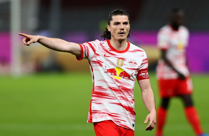 BERLIN, GERMANY - MAY 13: Marcel Sabitzer of RB Leipzig runs gestures during the DFB Cup final match between RB Leipzig and Borussia Dortmund at Olympic Stadium on May 13, 2021 in Berlin, Germany. Sporting stadiums around Germany remain under strict restrictions due to the Coronavirus Pandemic as Government social distancing laws prohibit fans inside venues resulting in games being played behind closed doors. (Photo by Martin Rose/Getty Images)
