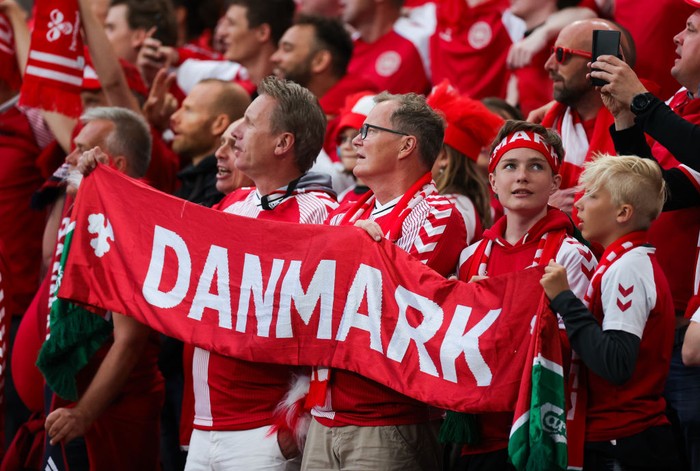 COPENHAGEN, DENMARK - JUNE 21: Denmark fans display a large scarf prior to the UEFA Euro 2020 Championship Group B match between Russia and Denmark at Parken Stadium on June 21, 2021 in Copenhagen, Denmark. (Photo by Friedemann Vogel - Pool/Getty Images)