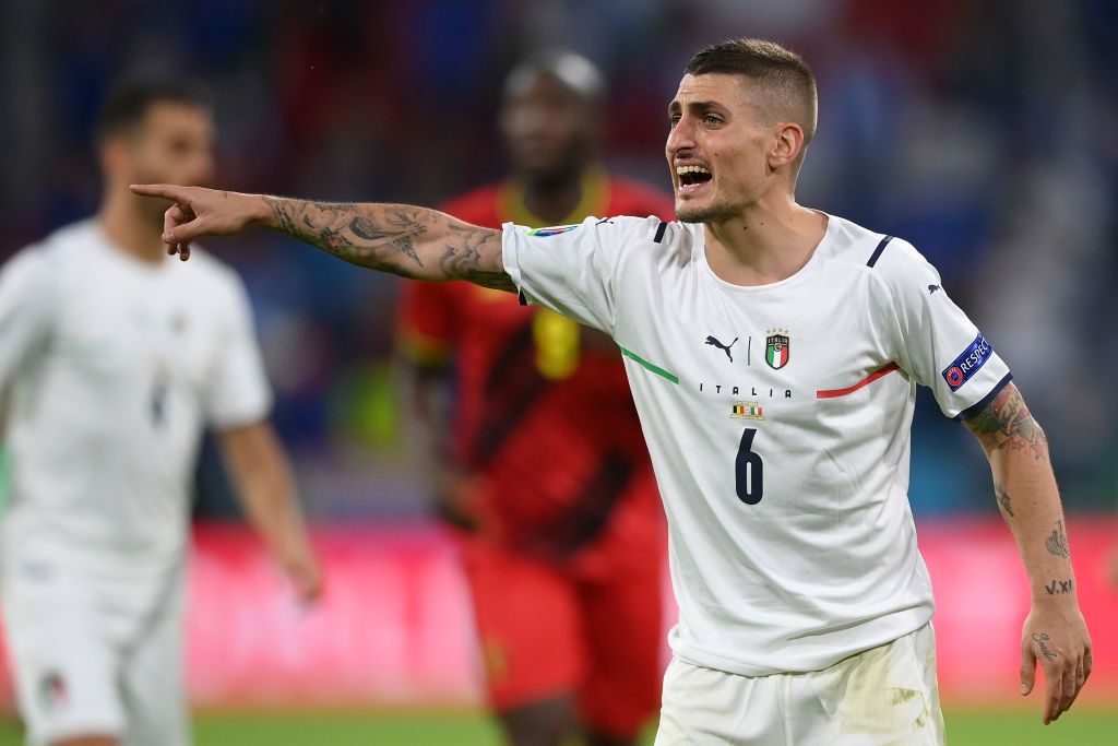 MUNICH, GERMANY - JULY 02: Nicolo Barella of Italy celebrates with team mates after scoring their side's first goal during the UEFA Euro 2020 Championship Quarter-final match between Belgium and Italy at Football Arena Munich on July 02, 2021 in Munich, Germany. (Photo by Christof Stache - Pool/Getty Images)